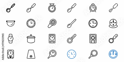 A collection of kitchen and time related icons including spoons clocks and measuring devices displayed