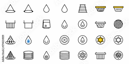 Depiction of various abstract icons including water drops, containers, and geometric shapes in a grid format