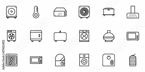 Collection of various household appliances and devices in outline style on a white background image