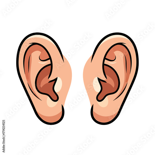 Two cartoon ears are shown, facing each other, with a black outline and pink skin tone on a white background.