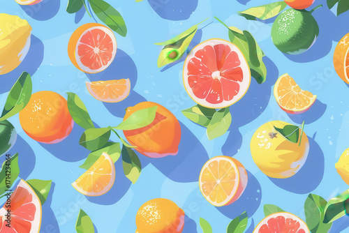 Colorful citrus fruits pattern with lemons, oranges, grapefruits, and limes on light blue background. Fresh summer fruit design for food, packaging, textiles, and seasonal concepts.