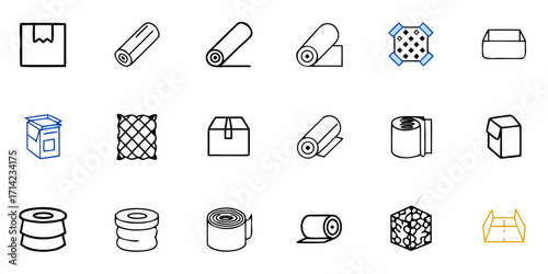 Illustration of various packaging and wrapping materials including boxes and rolls of material shown