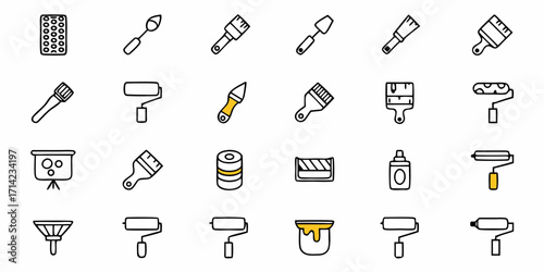 Illustration of various painting tools including brushes rollers and paint containers in a flat design style