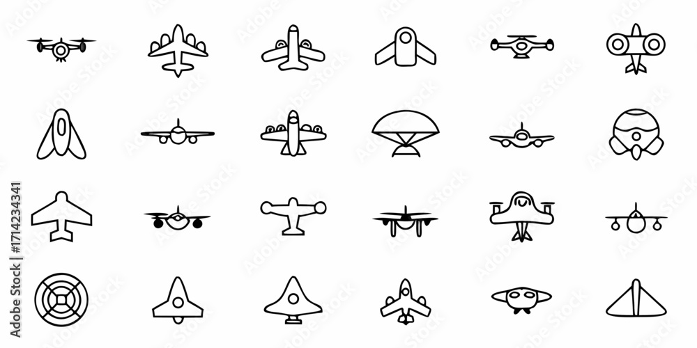 Fototapeta premium Collection of various aircraft and flying machines in outline style depicting aviation technology icons