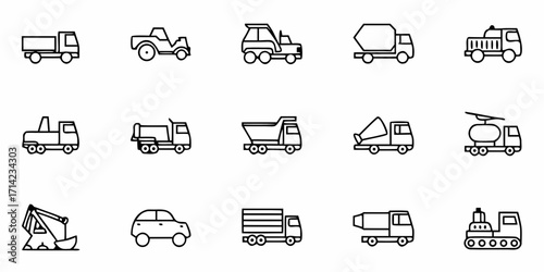 Collection of fifteen different types of construction and transport vehicles in outline style drawing format