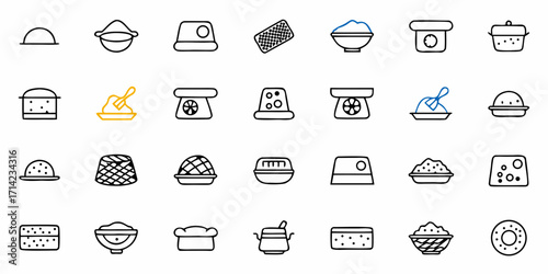 Illustration of various cooking and baking related items including bowls scales and prepared food items