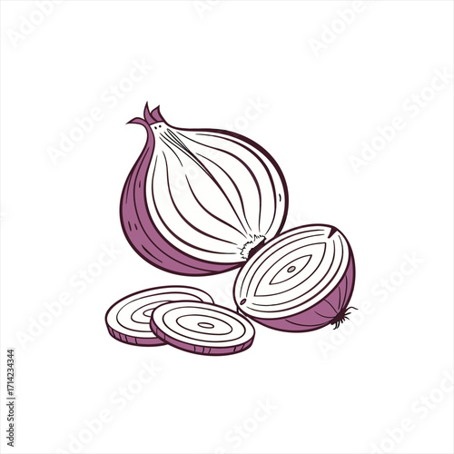 Illustration of a whole red onion cut in half with slices
