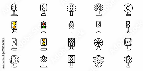 Illustration showing various traffic light designs including standard and unique configurations on white background
