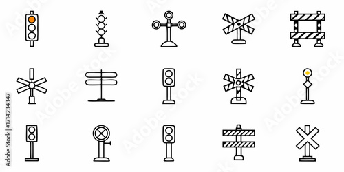 Illustration of various traffic and road signs including traffic lights and railroad crossing signals shown