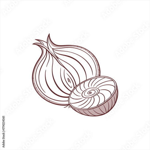 Stylized illustration of a whole onion and a halved onion on a white background