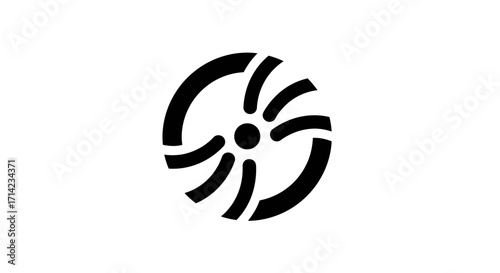 Abstract black and white design featuring a circular shape with curved elements.