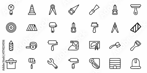A collection of construction and repair tools in a line art style showcasing various equipment and instruments