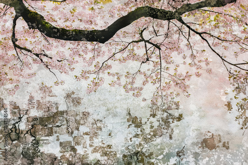 Elegant watercolor painting of a Japanese cherry blossom (Sakura) branch with pink flowers hanging over a reflective pond. Concept of spring, tranquility, and Asian art.