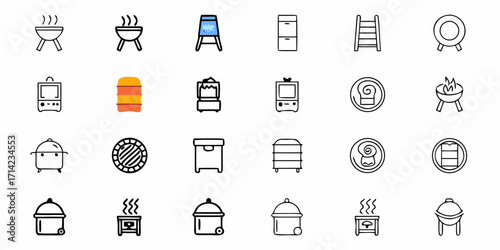 Collection of various cooking and household items including grills pots and furniture icons set line art style