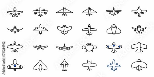 Collection of twenty four assorted airplane icons in black outline and one airplane icon in blue outline