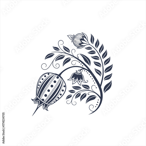 Elegant dark blue floral motif with swirling vines and decorative flowers