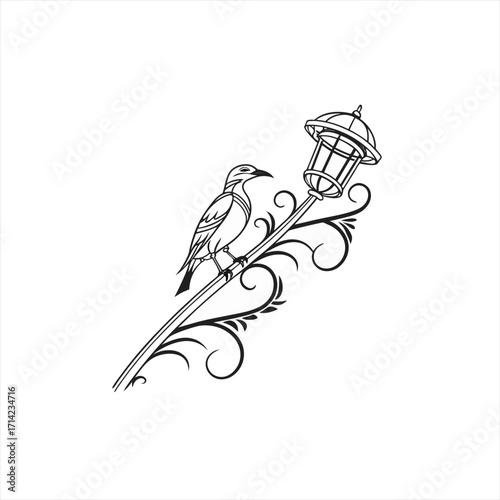 Elegant bird perched on a decorative lamppost with swirls