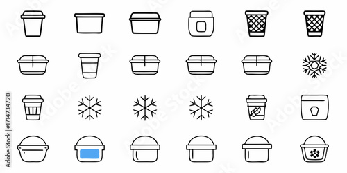 Illustration of various containers including cups bins and food storage with snowflake icons too
