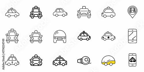Illustration of taxi cabs and transportation icons in a variety of styles and arrangements on white backdrop