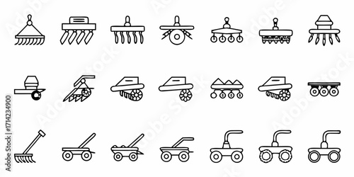 Collection of agricultural equipment icons featuring plows and various farming machinery in outline style