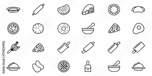 Collection of kitchen and food related icons including pizza, rolling pins, and serving dishes line art