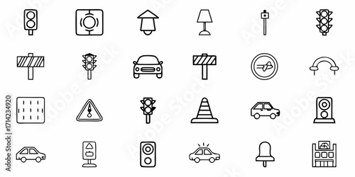 Illustration of traffic lights signs cars and various objects in a simple black and white outline style