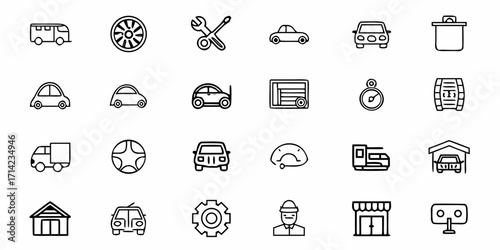 Collection of transportation and service icons featuring cars, tools, and infrastructure elements design