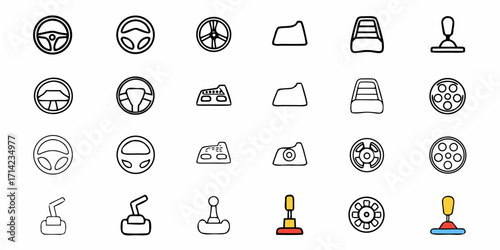 Depiction of various car components including steering wheels seats and gear shifts in a line drawing style