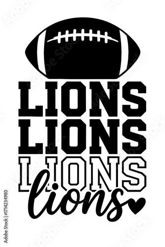 Lions wordmark repeated in stacked layout with lion head graphic, bold black and white athletic design
