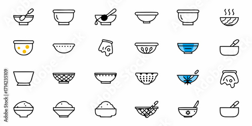 Collection of twenty four different bowls with various designs and contents in a grid pattern style