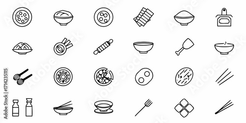 Line art illustration showcasing various food items and kitchen utensils in a simple black and white style