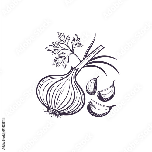 Hand drawn illustration of a garlic bulb with cloves and parsley leaves