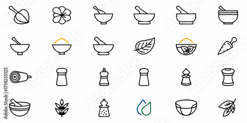 Collection of various culinary and medicinal herbs and spices preparation related icons in outline style