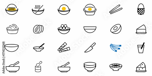 Collection of food icons including bowls with food, fruit, utensils, and desserts in a simple style