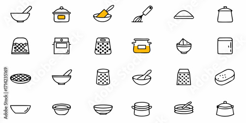 Collection of kitchen utensils including bowls, pots, graters and other cooking equipment icons set up neatly