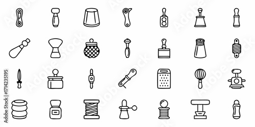 Collection of various kitchenware and craft tools arranged in a grid pattern on a white background