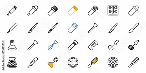 Collection of various art and laboratory tools displayed in a grid like arrangement on a white background