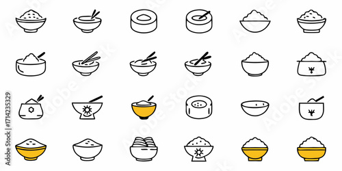 Collection of various rice bowls and sushi rolls with different styles and presentations in line art style