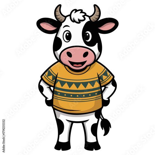 A charming cartoon cow cheerfully dressed in a sweater