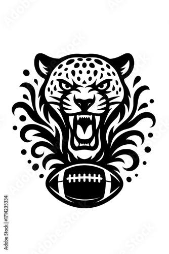 Leopard head mascot logo with fierce expression and ink splatter background, bold black and white sports design
