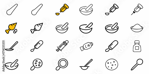 Illustration of various medical and laboratory tools including spoons mortars and pestles and syringes 100