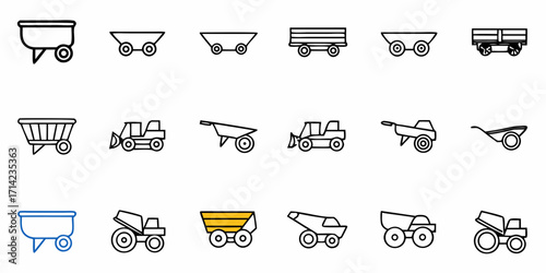 Collection of various construction and agricultural vehicles in line art style on a white background