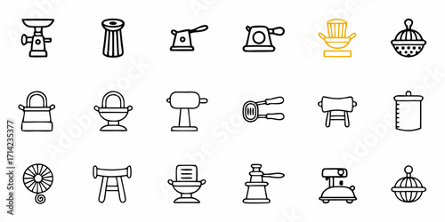 Illustration of kitchen utensils and tools with various designs in a simple outline style drawing style
