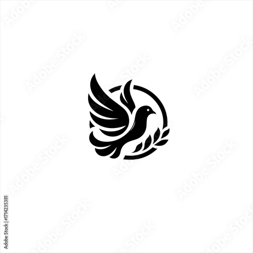 Stylized black dove with olive branch inside a circle logo
