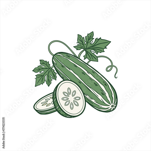 Fresh cucumber with leaves and slices illustration