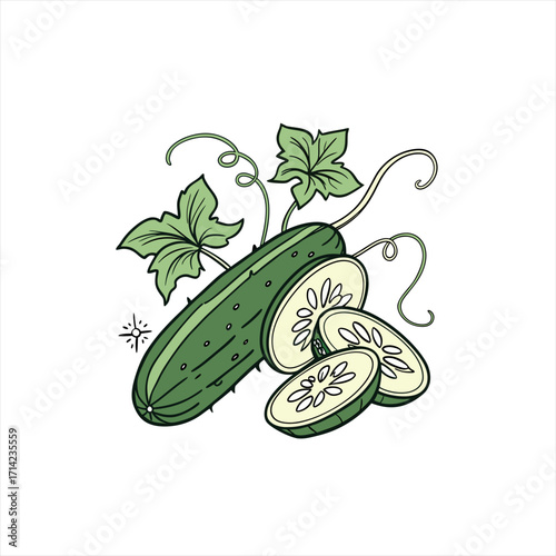 Fresh green cucumber with leaves and slices on white background