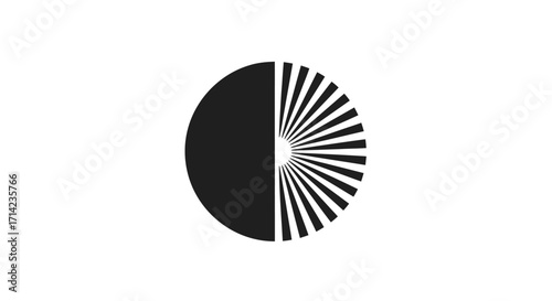 Black and white circular design with radial lines and a solid half circle.