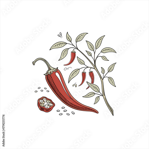 Red chili peppers on a branch with seeds and a sliced pepper
