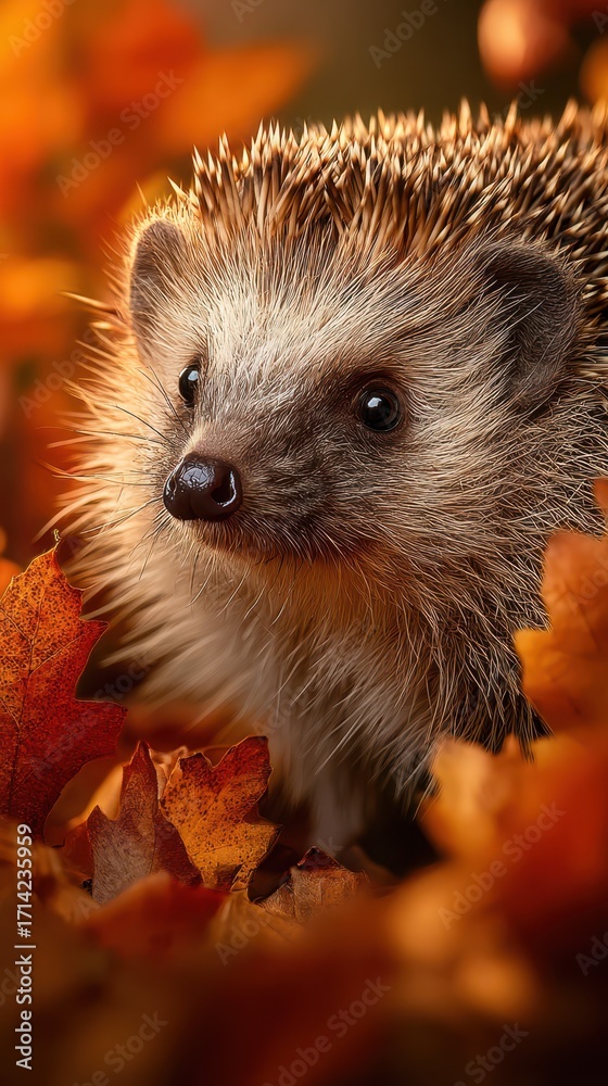 Fototapeta premium Hedgehog exploring vibrant autumn leaves in a forest setting during afternoon light