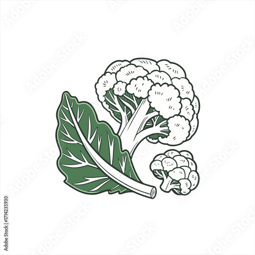 Stylized illustration of fresh cauliflower florets and green leaves on a white background